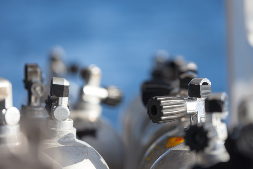Macro shot of valves on scuba equipment